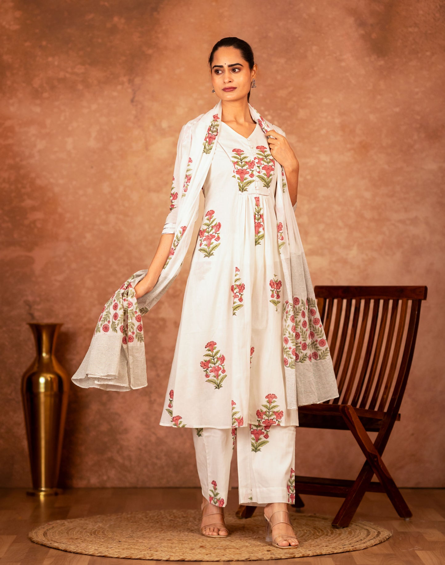 off white pink hand block floral printed cotton kurta