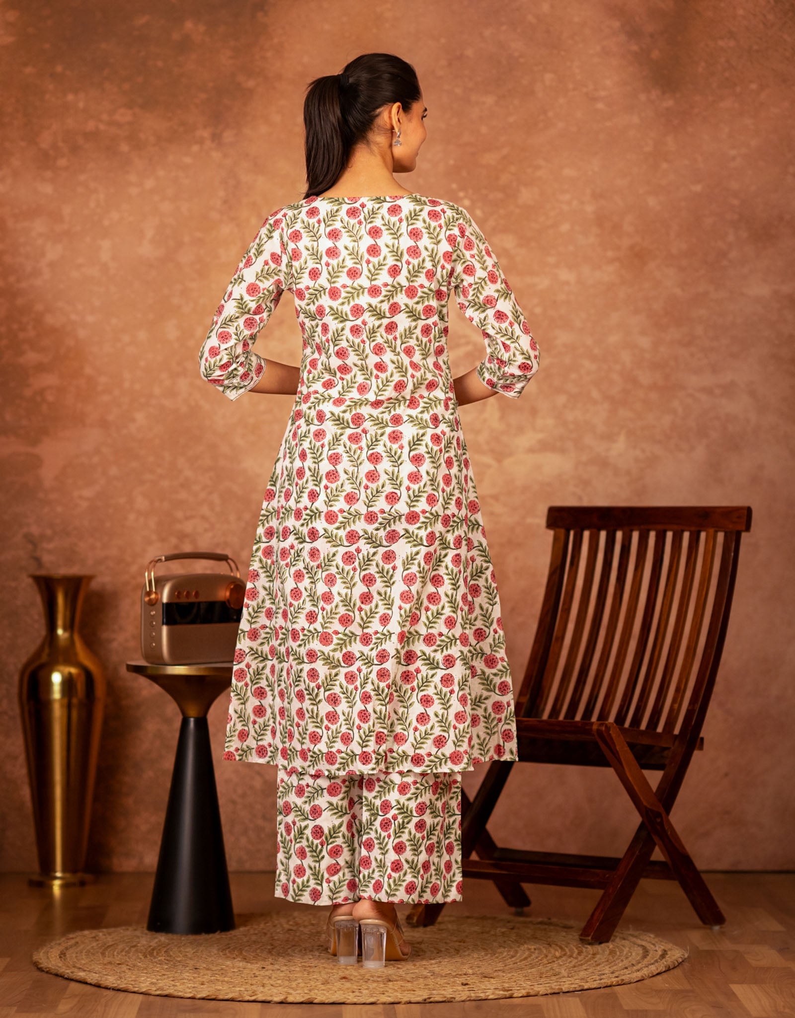 back view red green cotton kurta hand block design