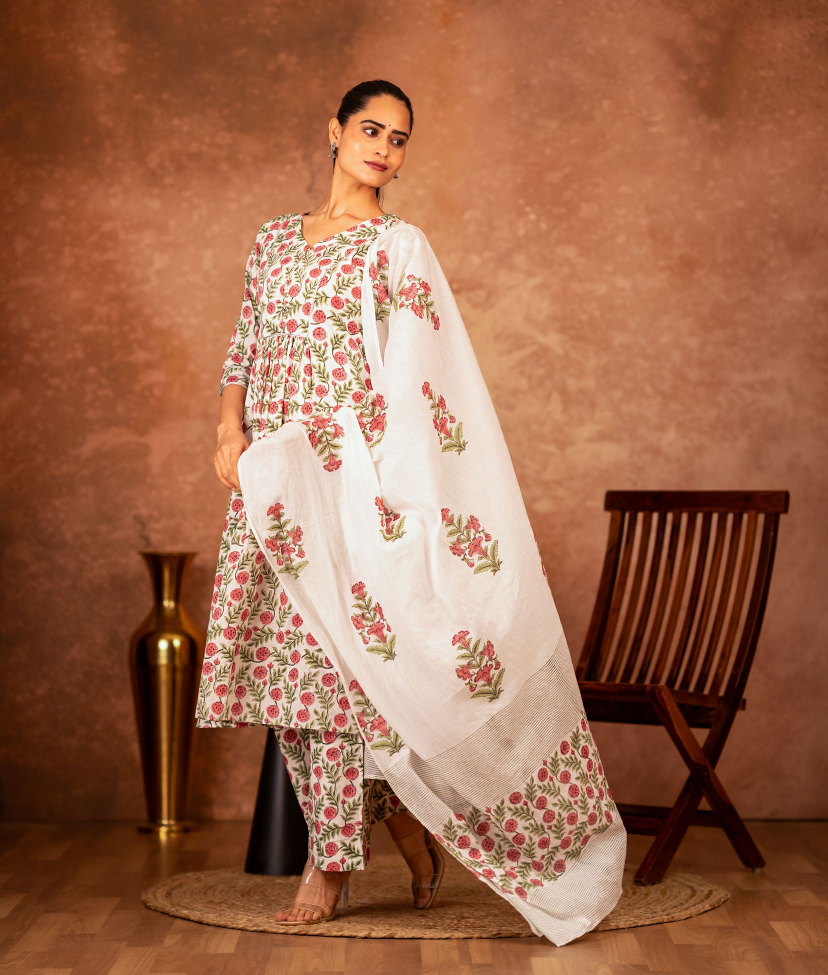 red green floral hand block printed cotton kurta set front