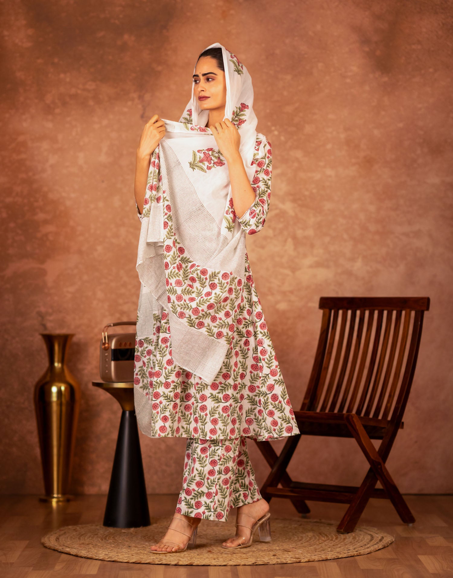 hand block floral print cotton dupatta red green