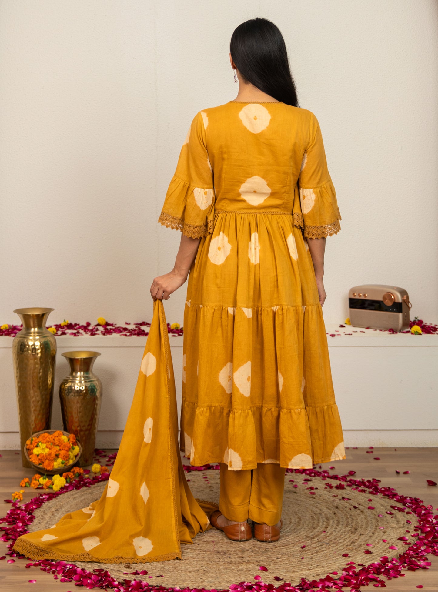Mustard Yellow Tie and Dye Cotton Suit - Set of 3