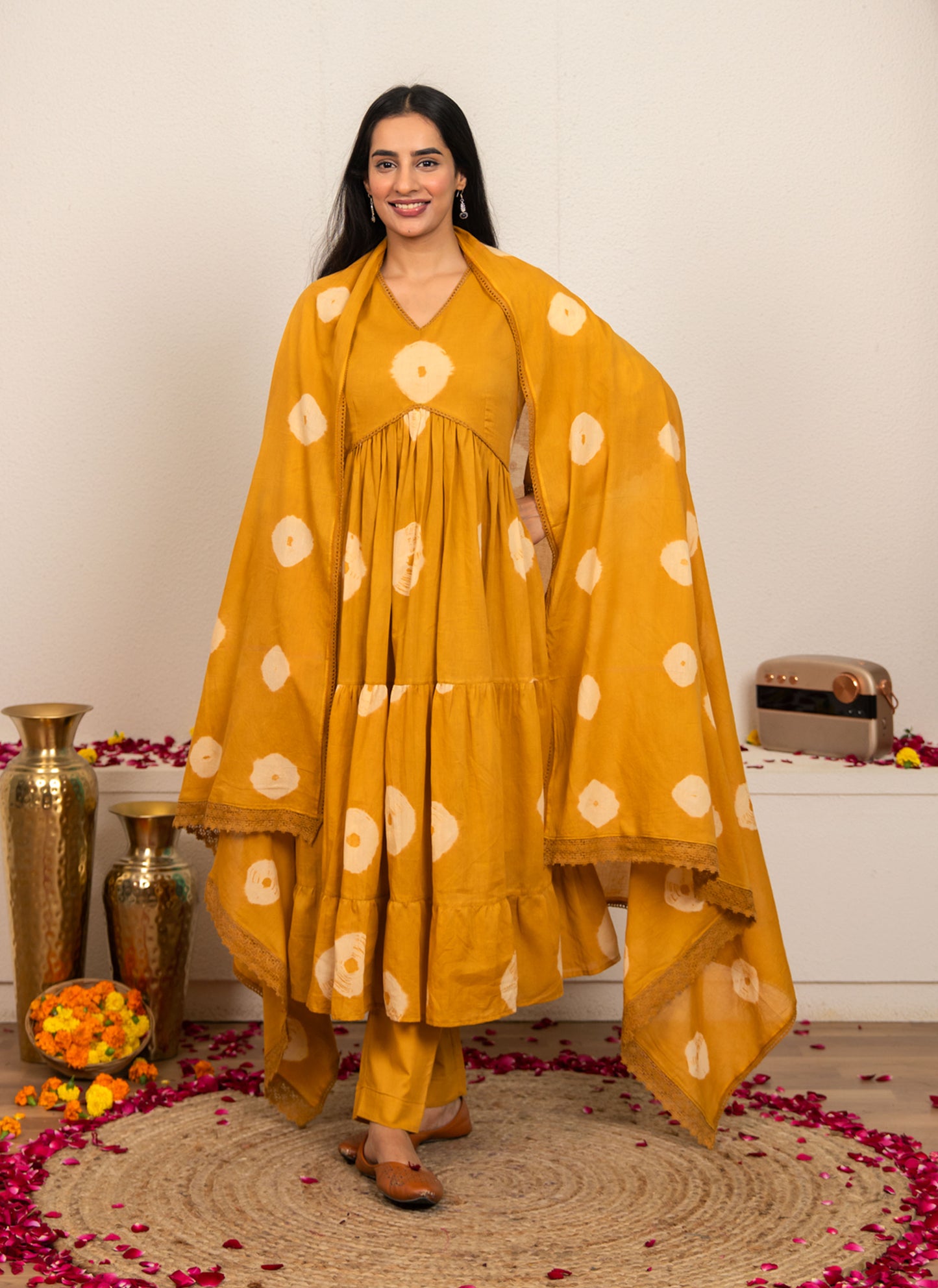 Mustard Yellow Tie and Dye Cotton Suit - Set of 3