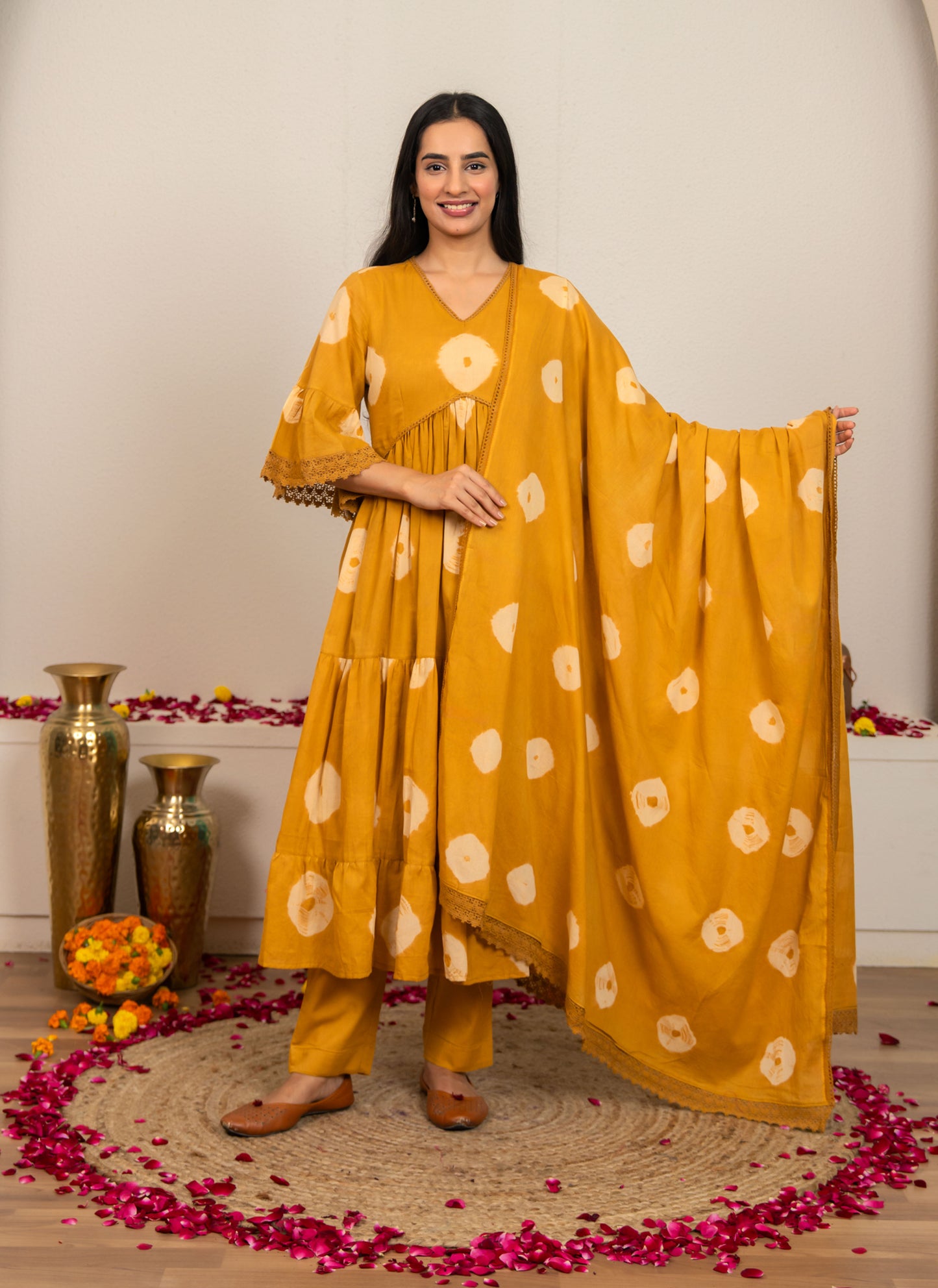 Mustard Yellow Tie and Dye Cotton Suit - Set of 3