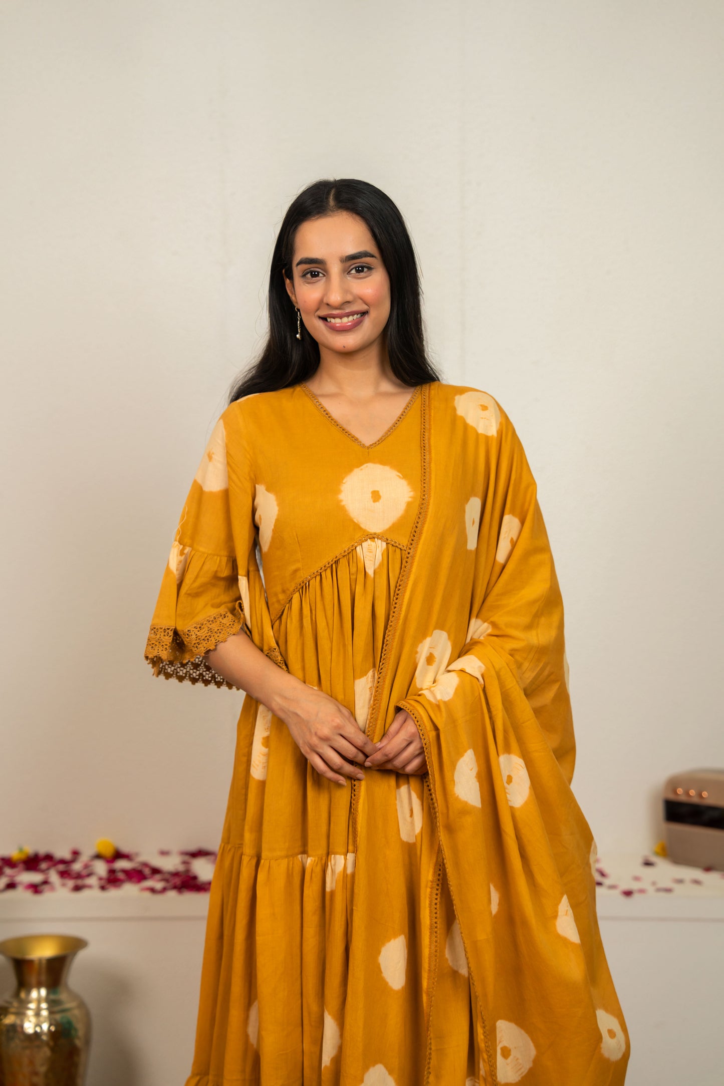 Mustard Yellow Tie and Dye Cotton Suit - Set of 3