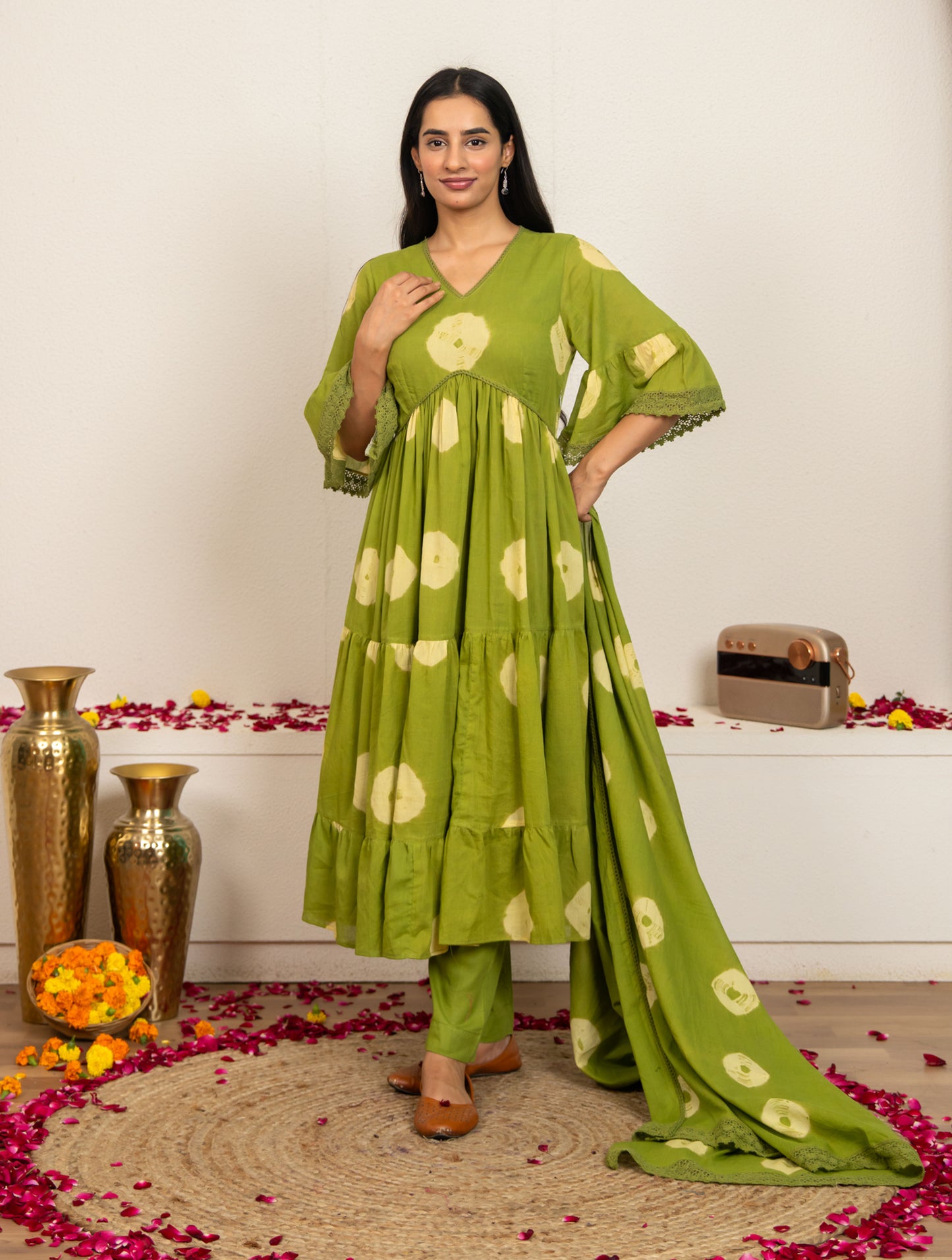 Green Tie and Dye Cotton Suit - Set of 3