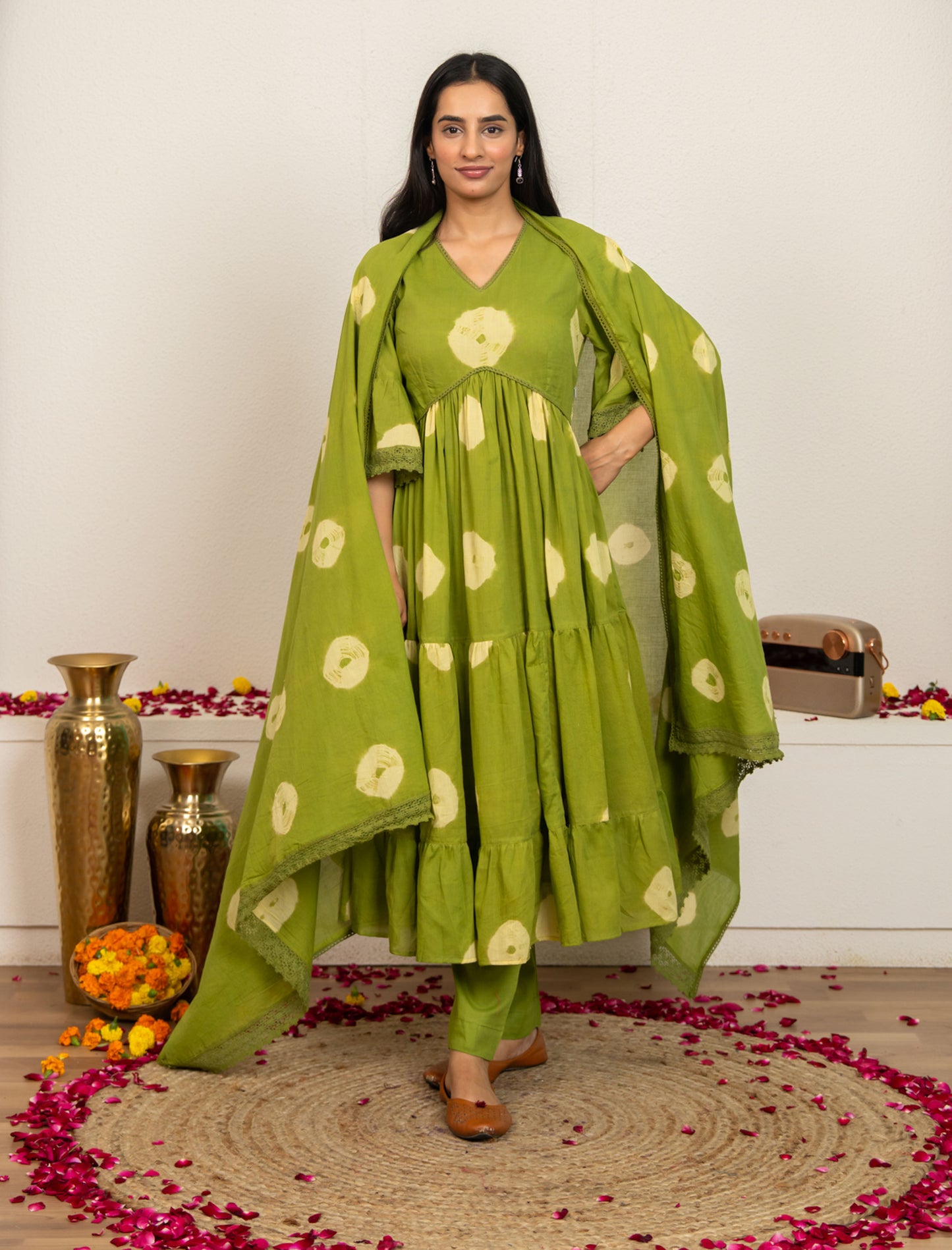 Green Tie and Dye Cotton Suit - Set of 3