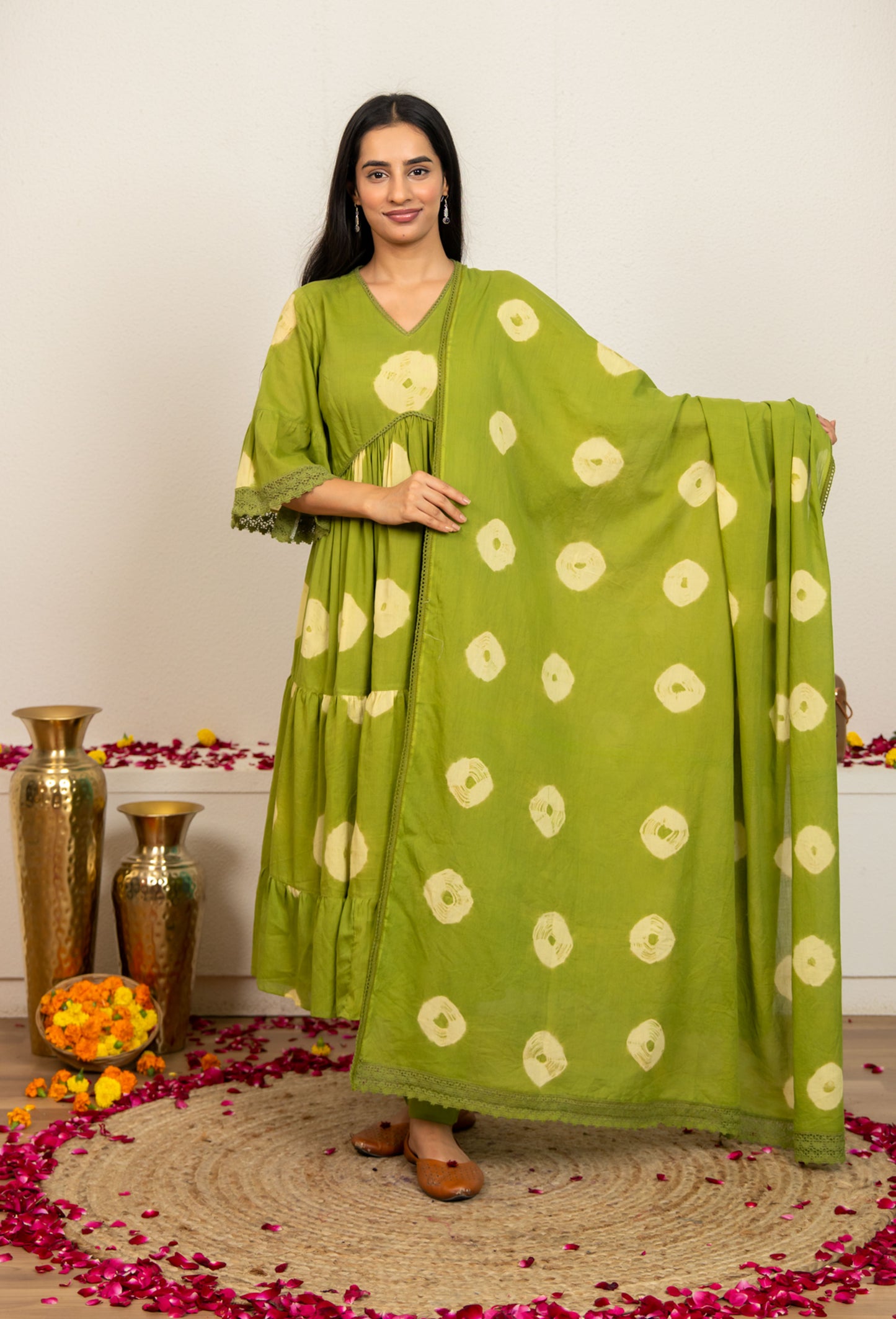 Green Tie and Dye Cotton Suit - Set of 3