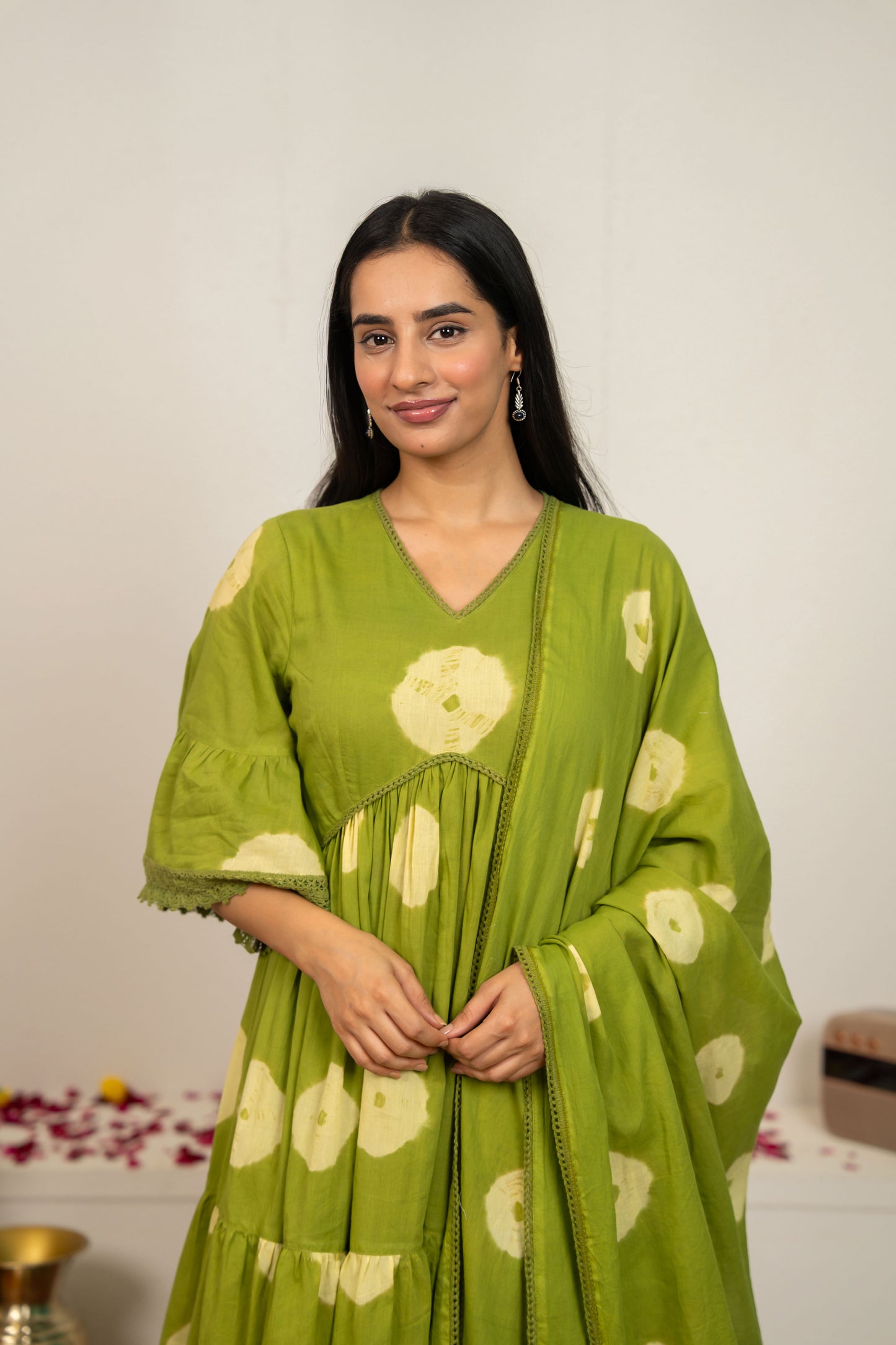 Green Tie and Dye Cotton Suit - Set of 3