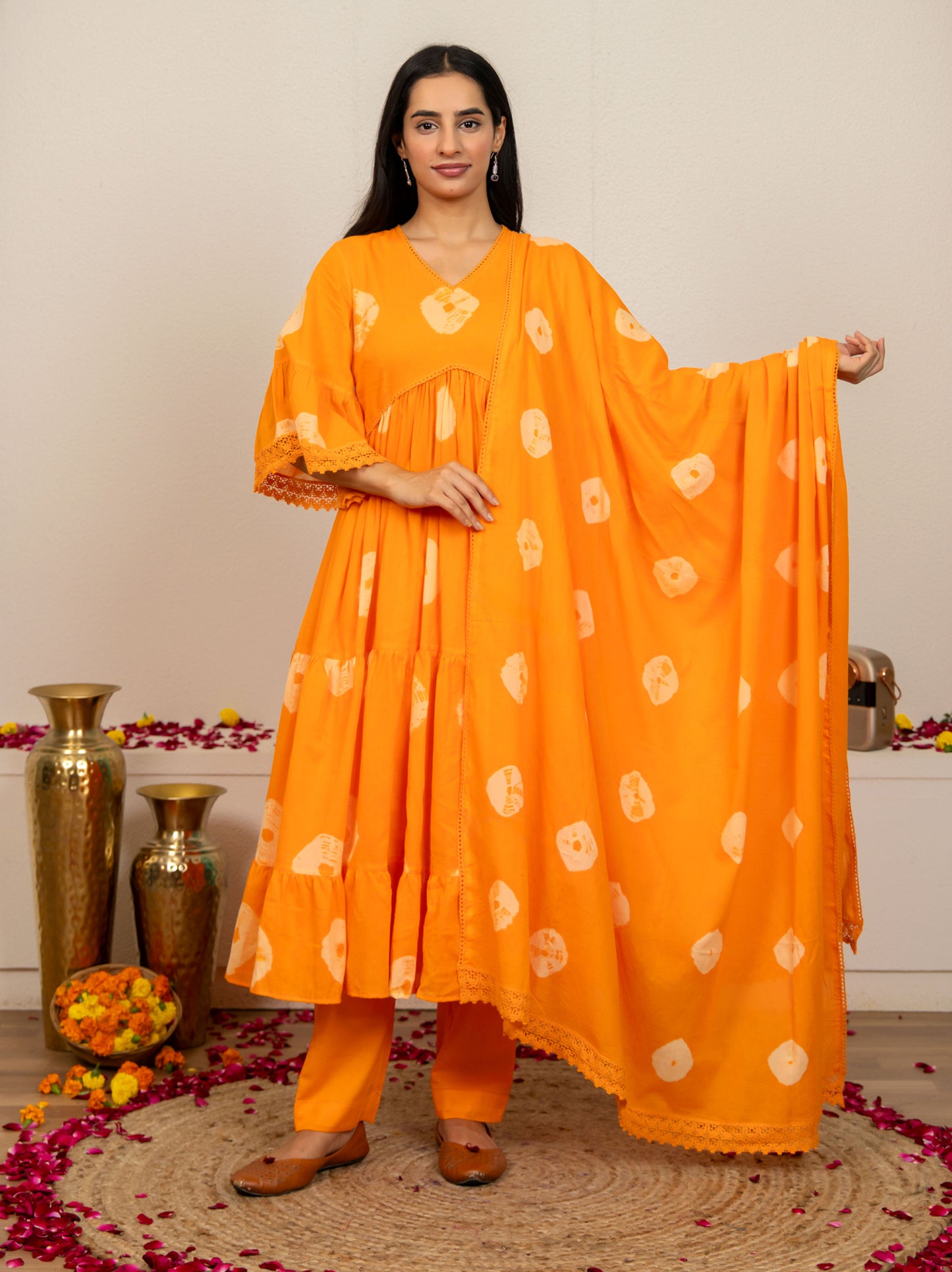 Orange Tie and Dye Cotton Suit - Set of 3