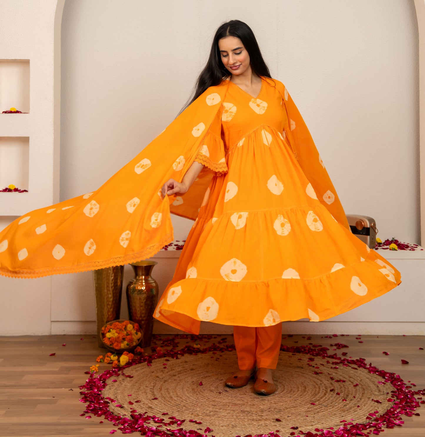 Orange Tie and Dye Cotton Suit - Set of 3