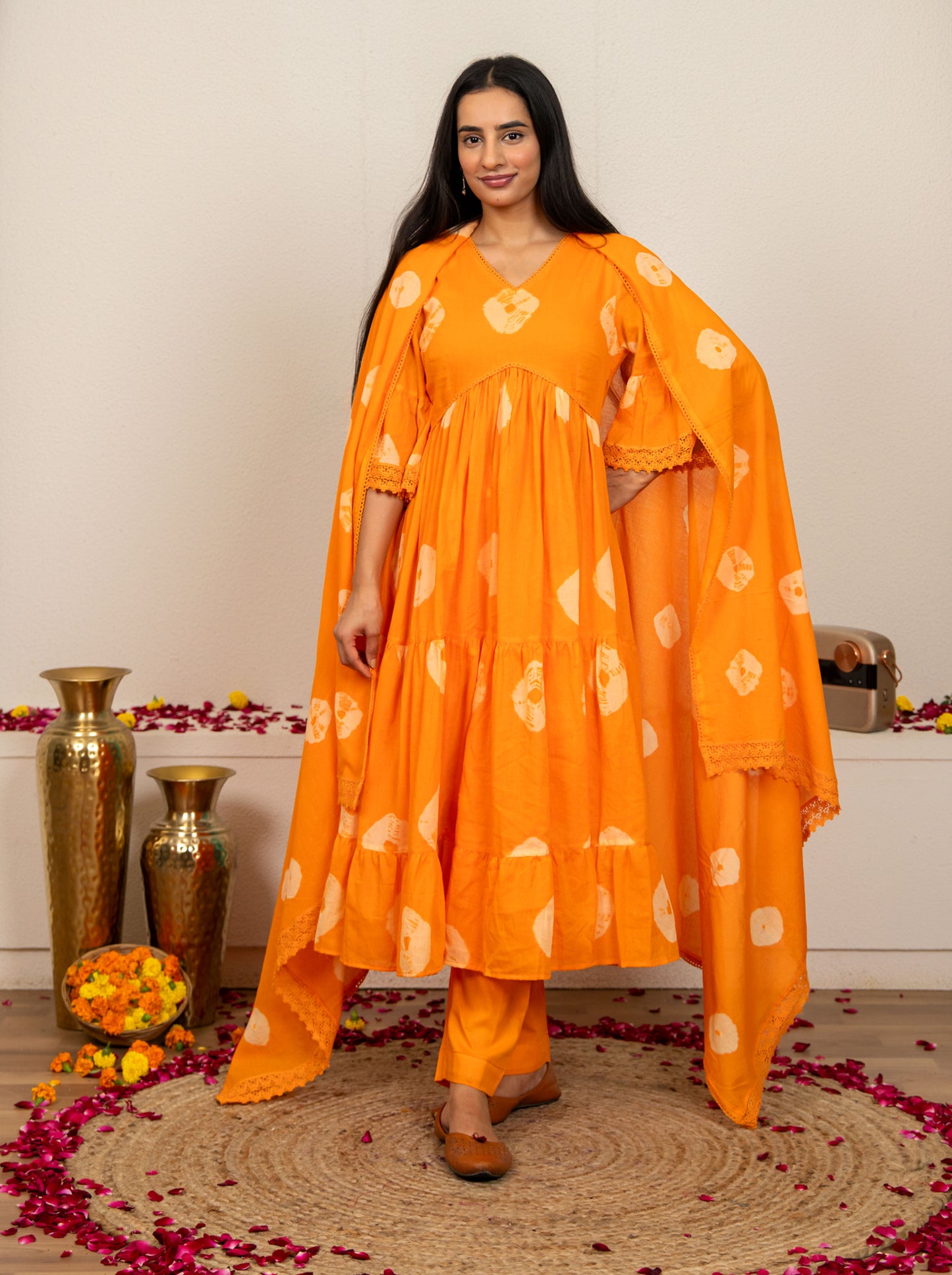 Orange Tie and Dye Cotton Suit - Set of 3
