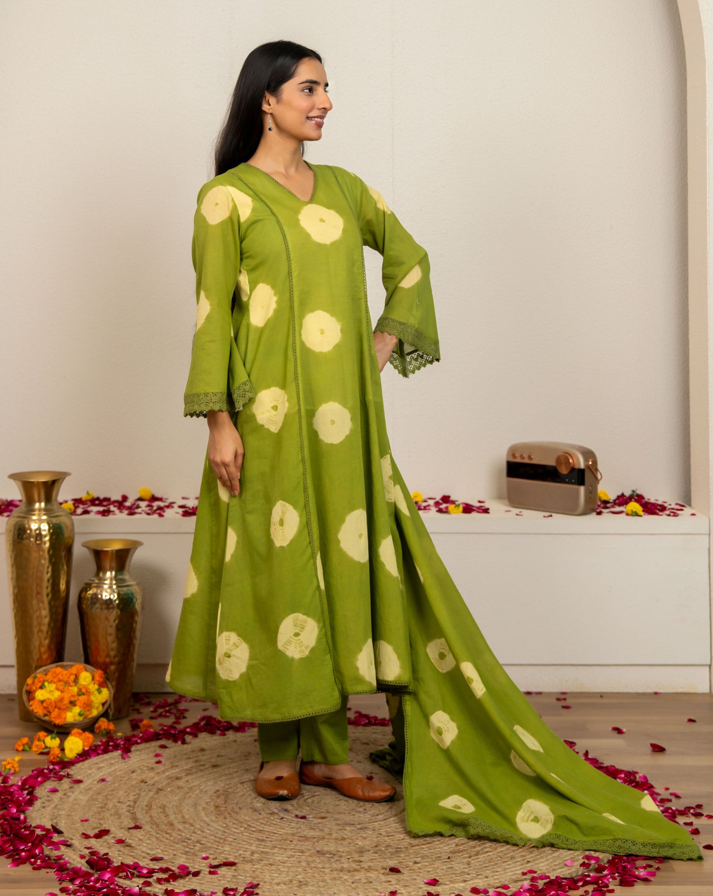 Green Tie and Dye Cotton Suit - Set of 3