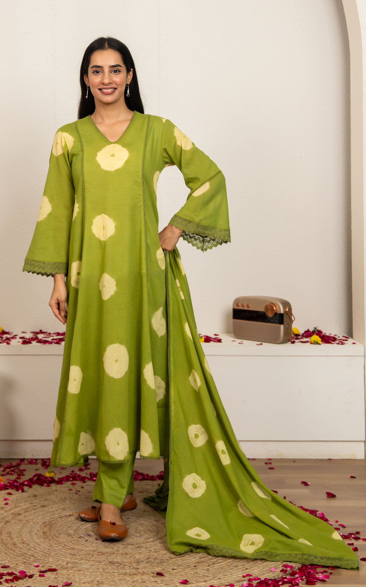 Green Tie and Dye Cotton Suit - Set of 3