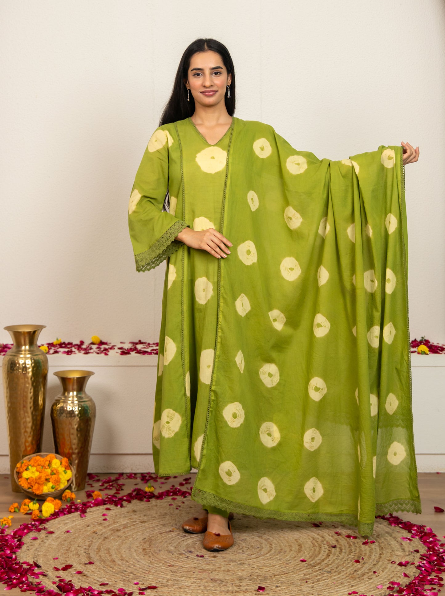 Green Tie and Dye Cotton Suit - Set of 3