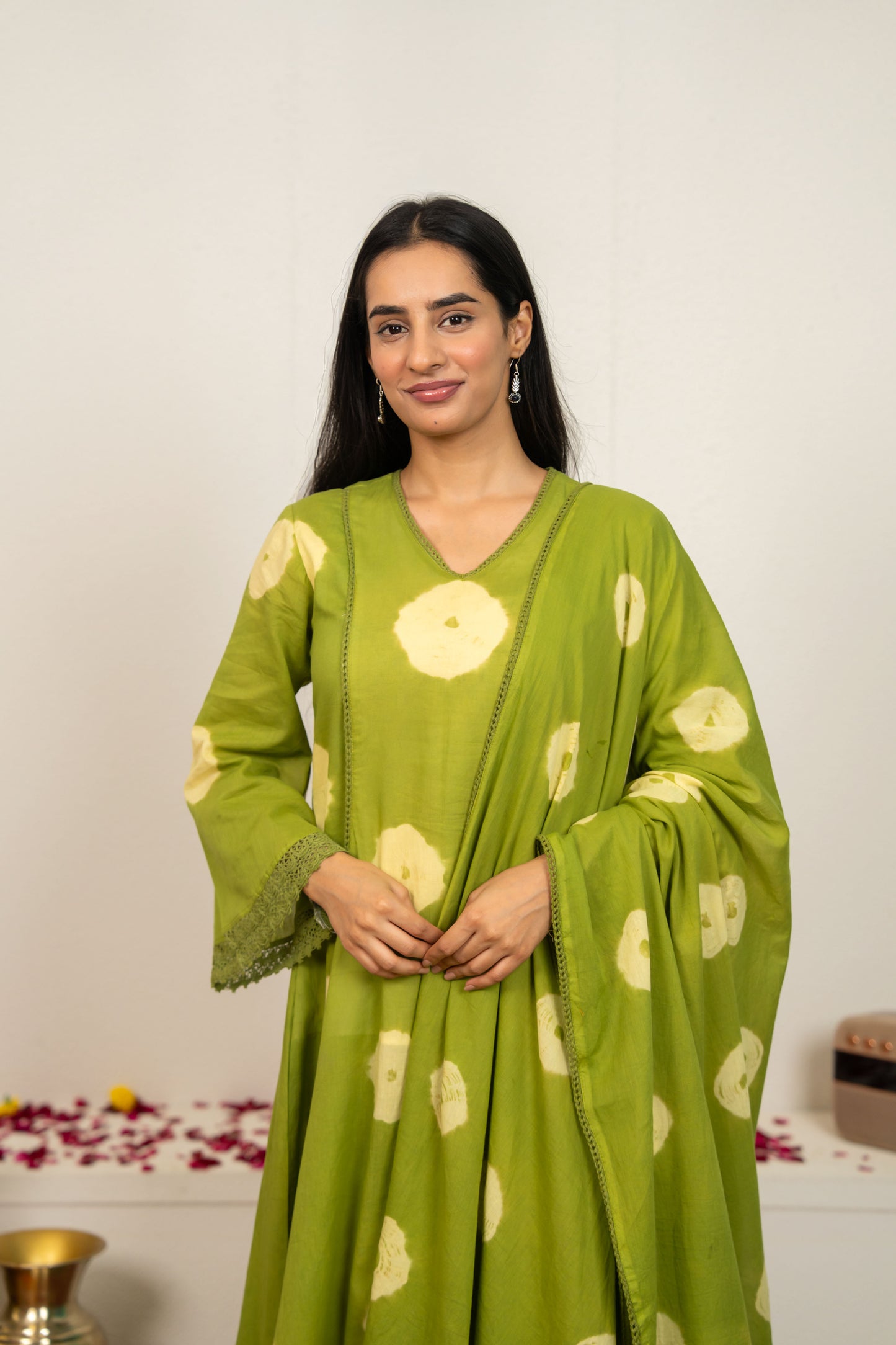 Green Tie and Dye Cotton Suit - Set of 3