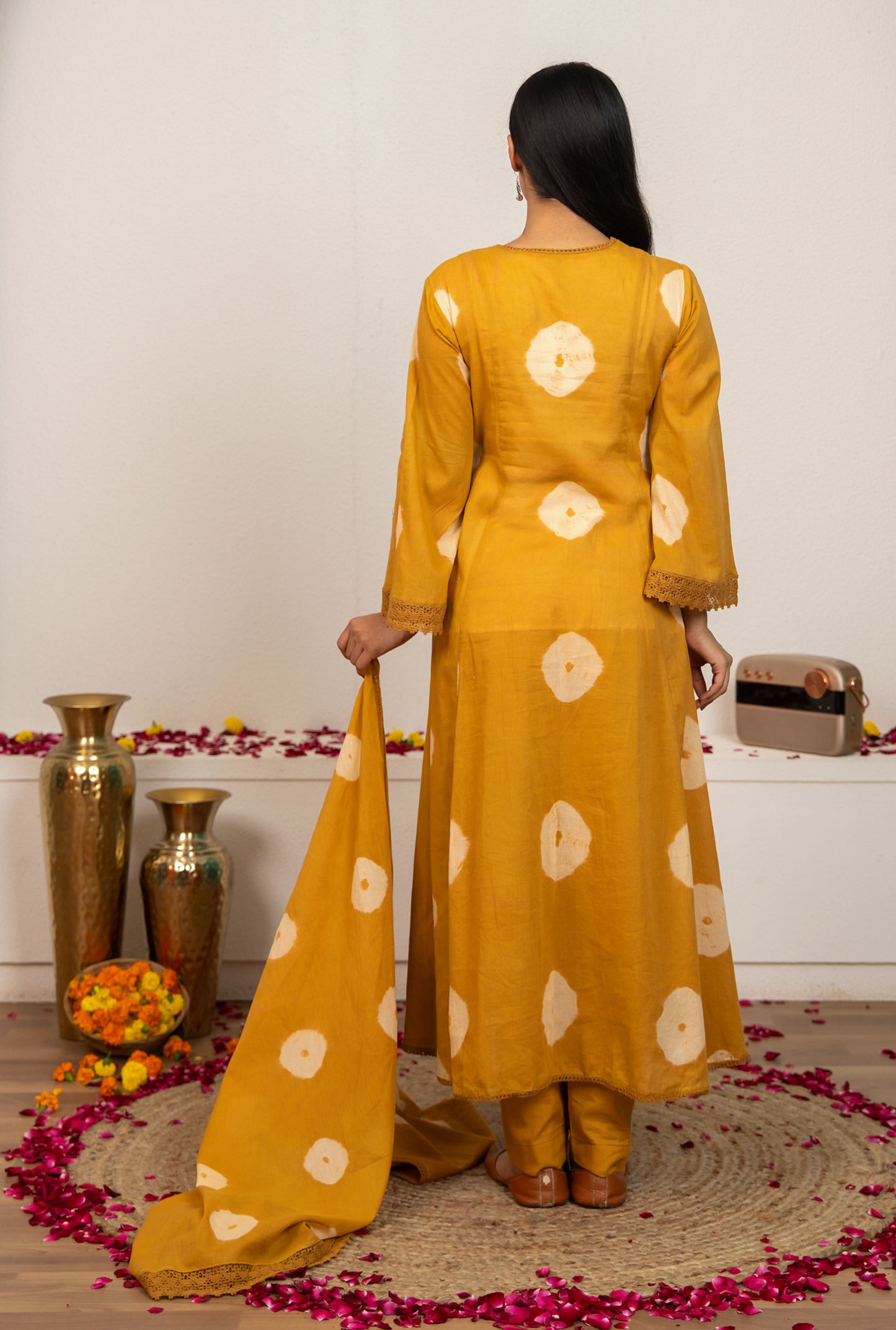 Mustard Yellow Tie and Dye Cotton Suit - Set of 3