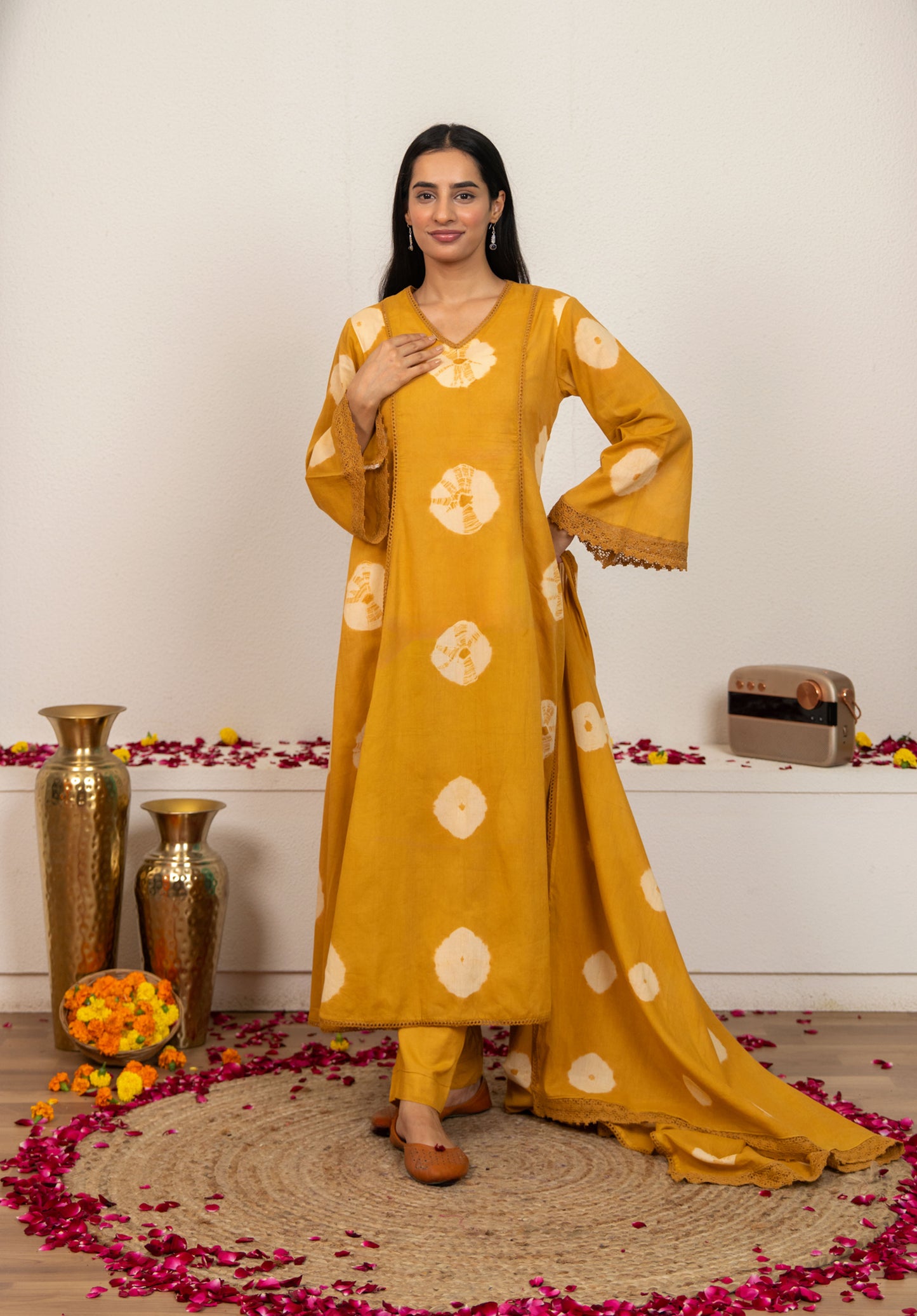Mustard Yellow Tie and Dye Cotton Suit - Set of 3