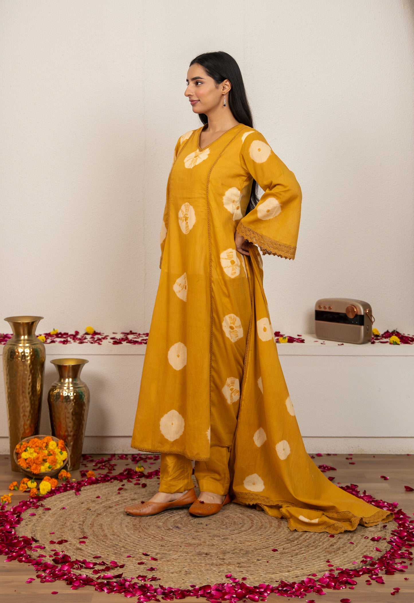 Mustard Yellow Tie and Dye Cotton Suit - Set of 3