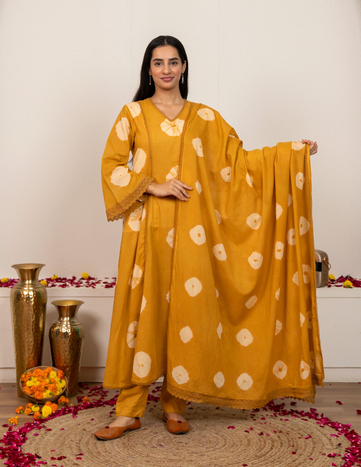 Mustard Yellow Tie and Dye Cotton Suit - Set of 3