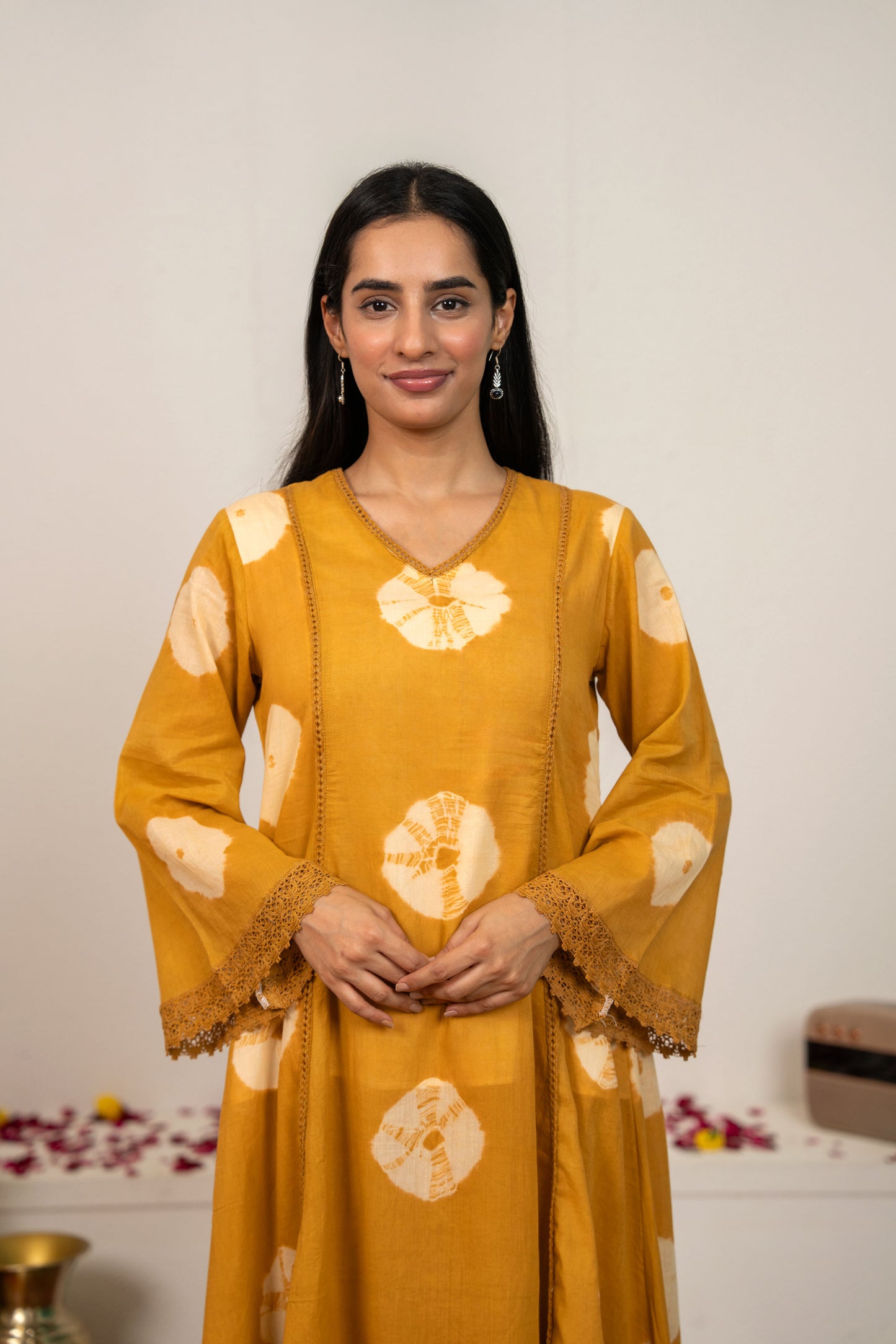 Mustard Yellow Tie and Dye Cotton Suit - Set of 3