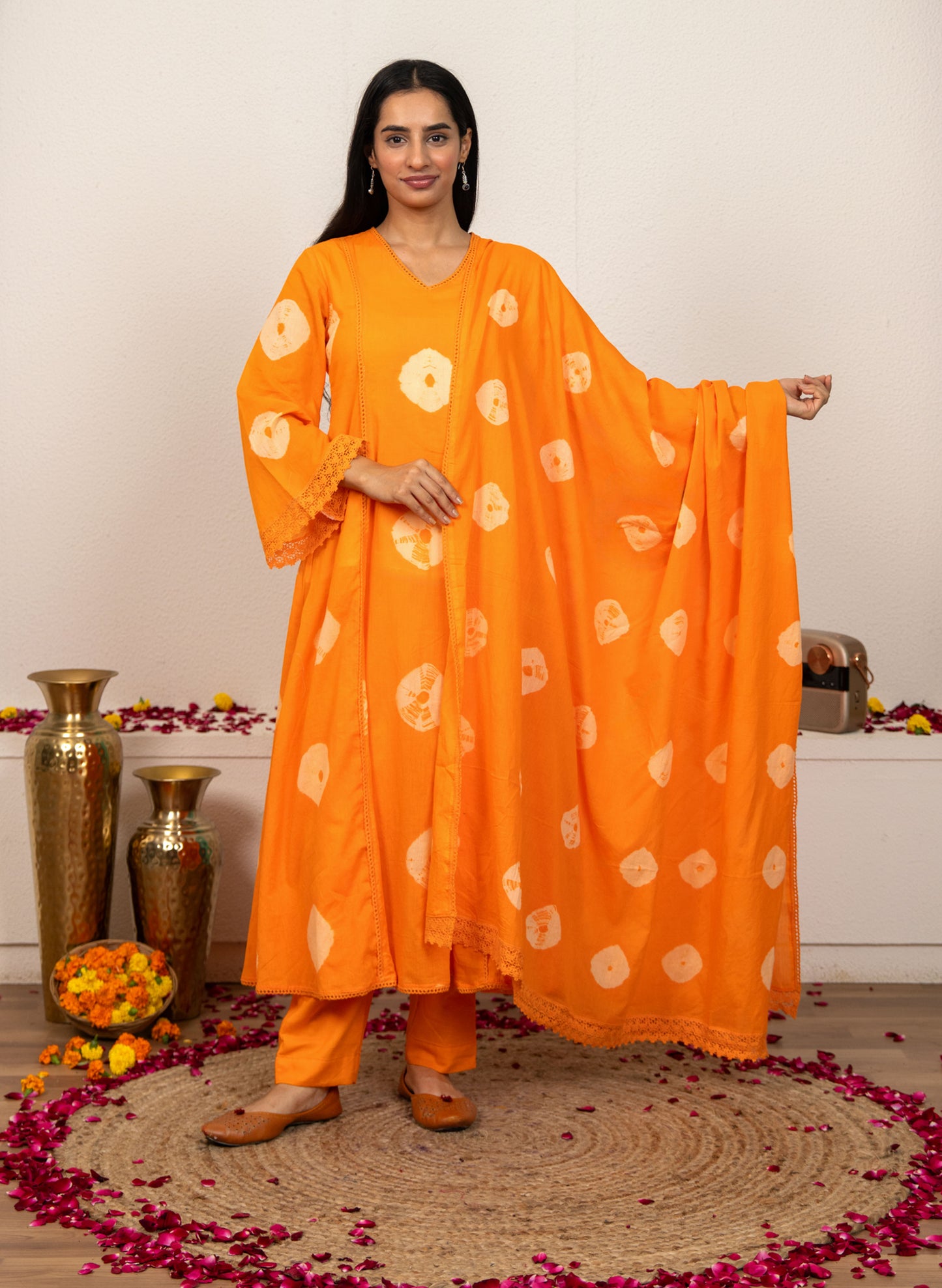 Orange Tie and Dye Cotton Suit - Set of 3