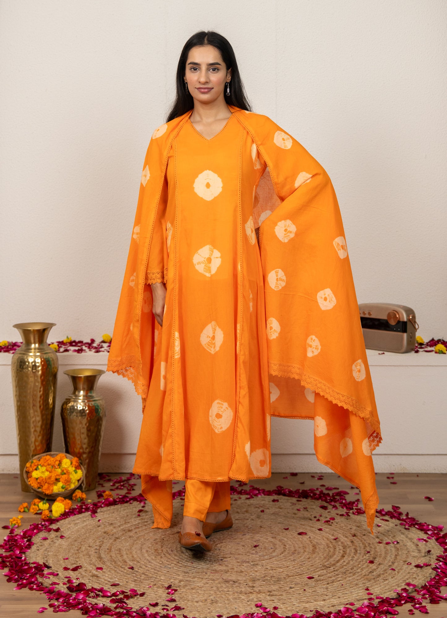 Orange Tie and Dye Cotton Suit - Set of 3