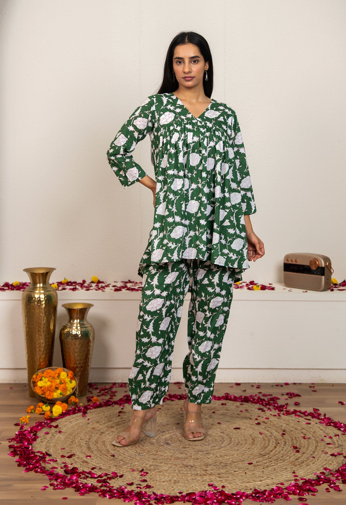 Green Hand Block Printed Cotton Co-ord Set - Set of 2