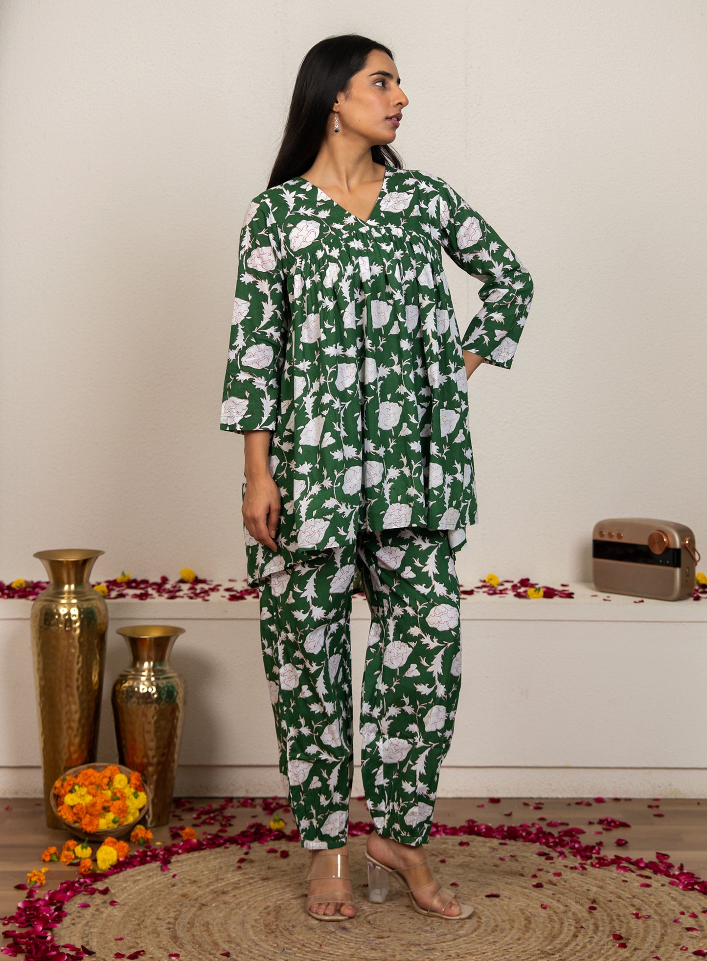 Green Hand Block Printed Cotton Co-ord Set - Set of 2
