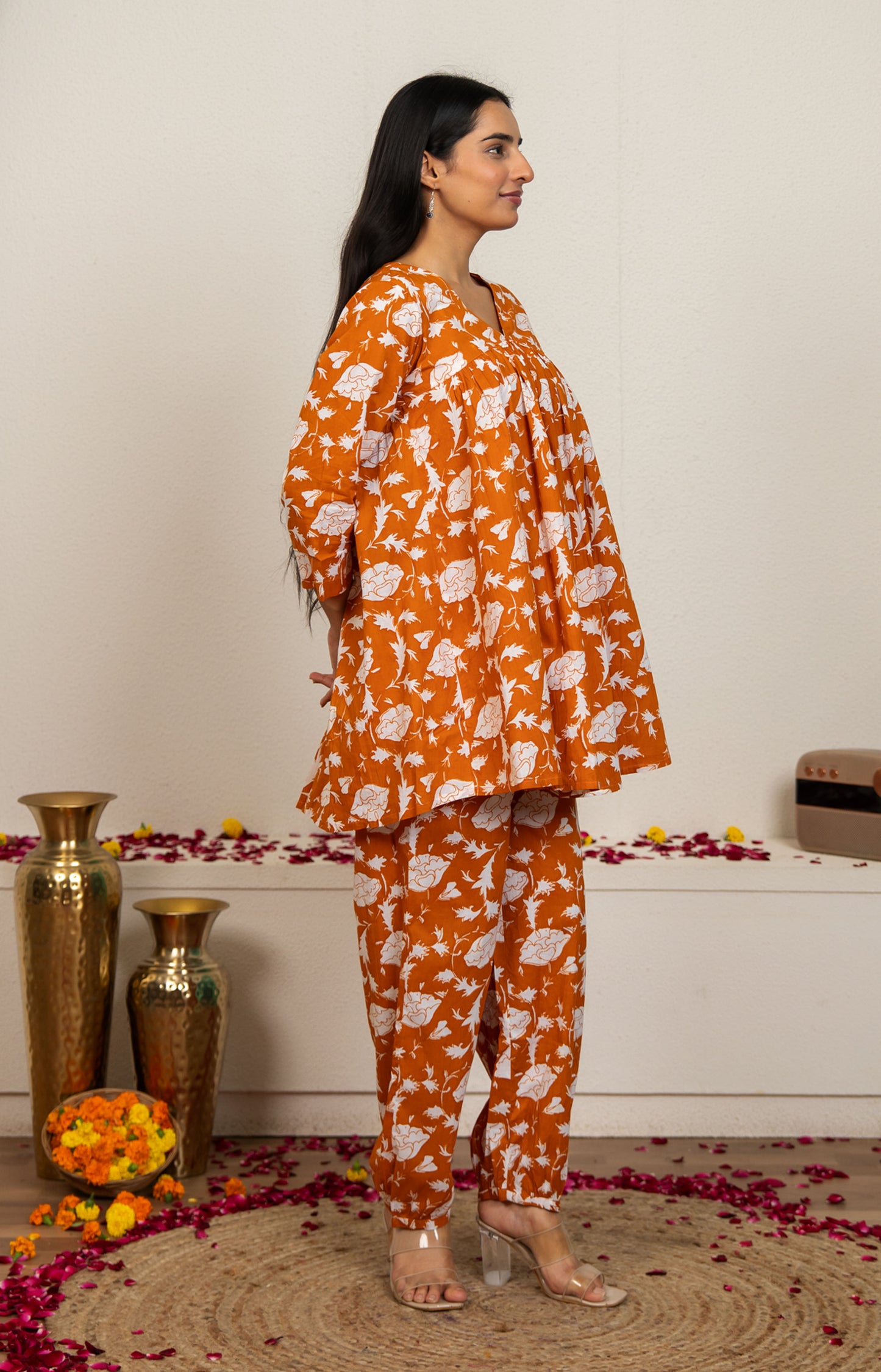 Orange Hand Block Printed Cotton Co-ord Set - Set of 2