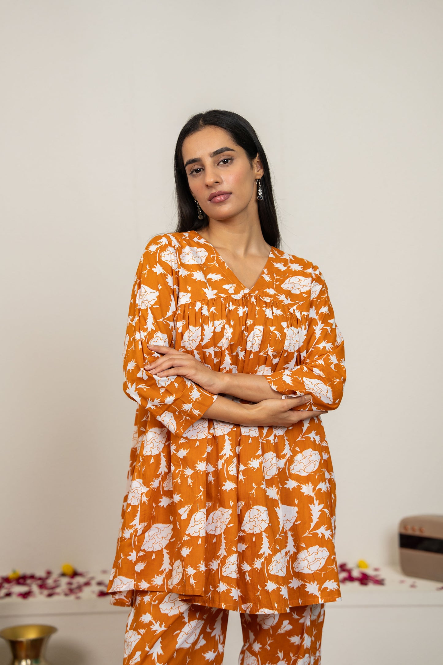 Orange Hand Block Printed Cotton Co-ord Set - Set of 2