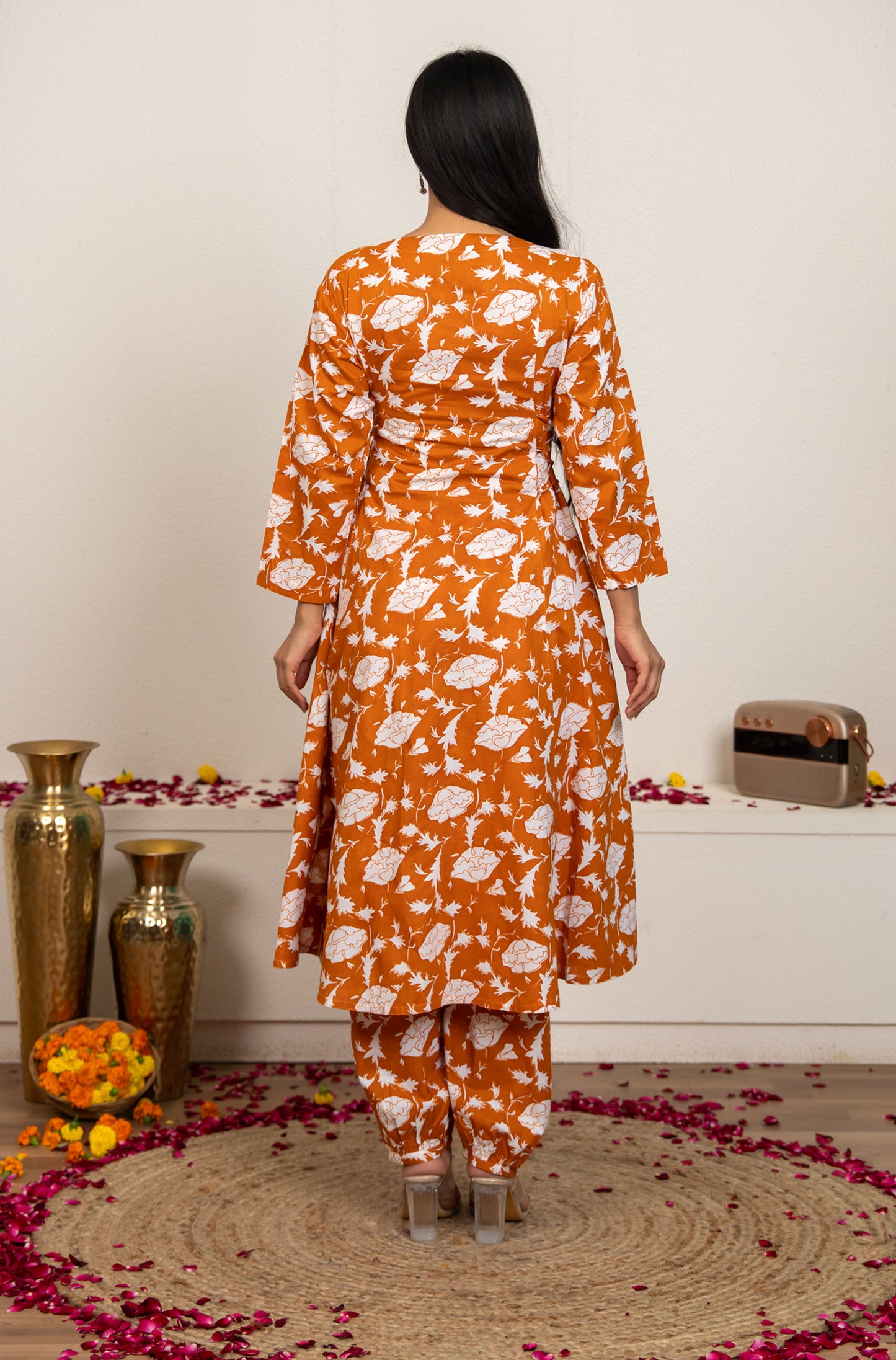Orange Hand Block Printed Cotton Kurta with Pants - Set of 2