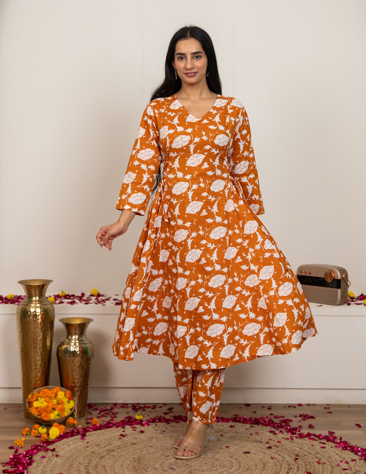 Orange Hand Block Printed Cotton Kurta with Pants - Set of 2