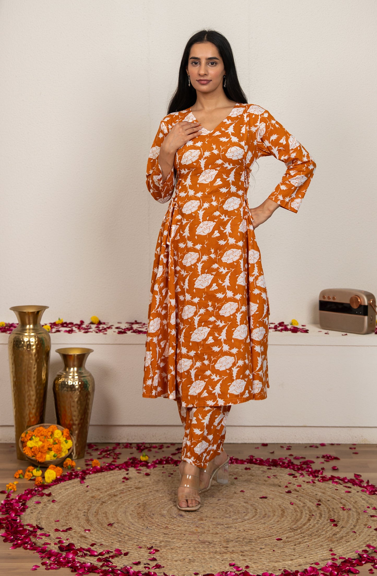 Orange Hand Block Printed Cotton Kurta with Pants - Set of 2