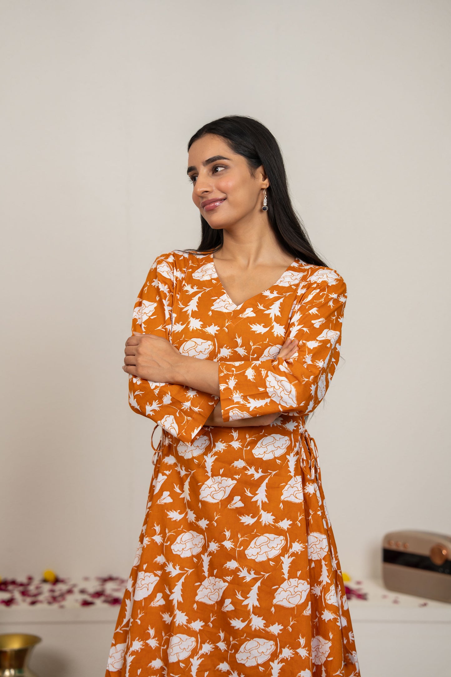 Orange Hand Block Printed Cotton Kurta with Pants - Set of 2