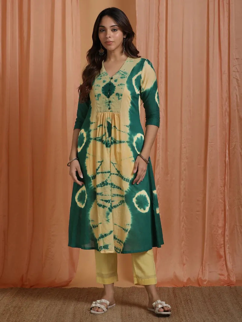 green yellow tie‑and‑dye cotton mulmul kurta with pants set