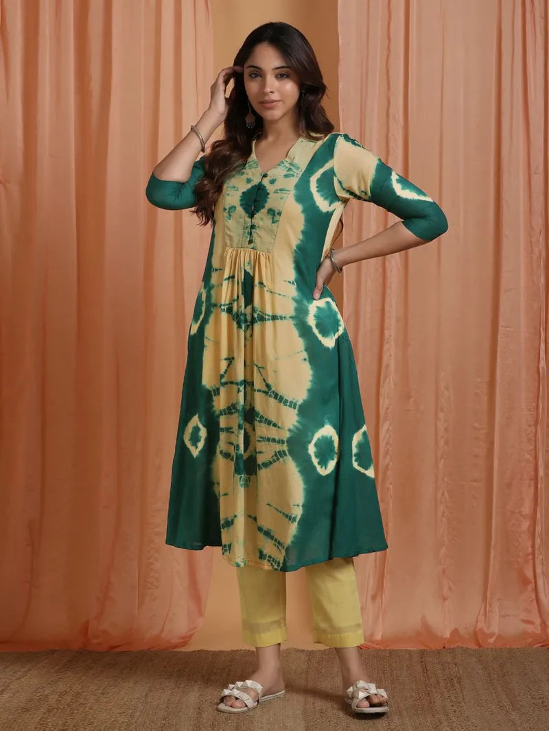 front view of green‑yellow tie‑and‑dye mulmul kurta outfit