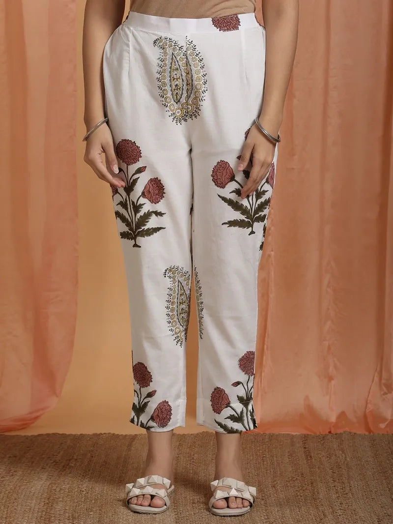 close-up of white floral block print design pant