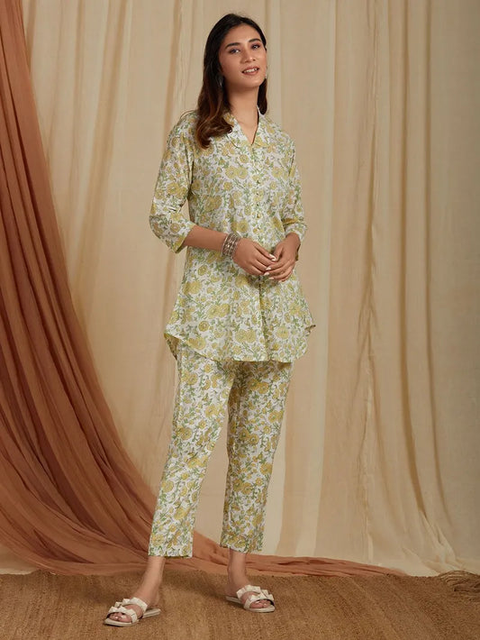 off-white yellow hand block printed cotton co-ord set