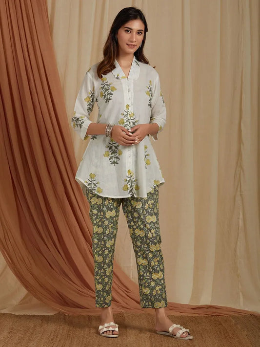 off-white yellow hand block printed cotton co-ord set