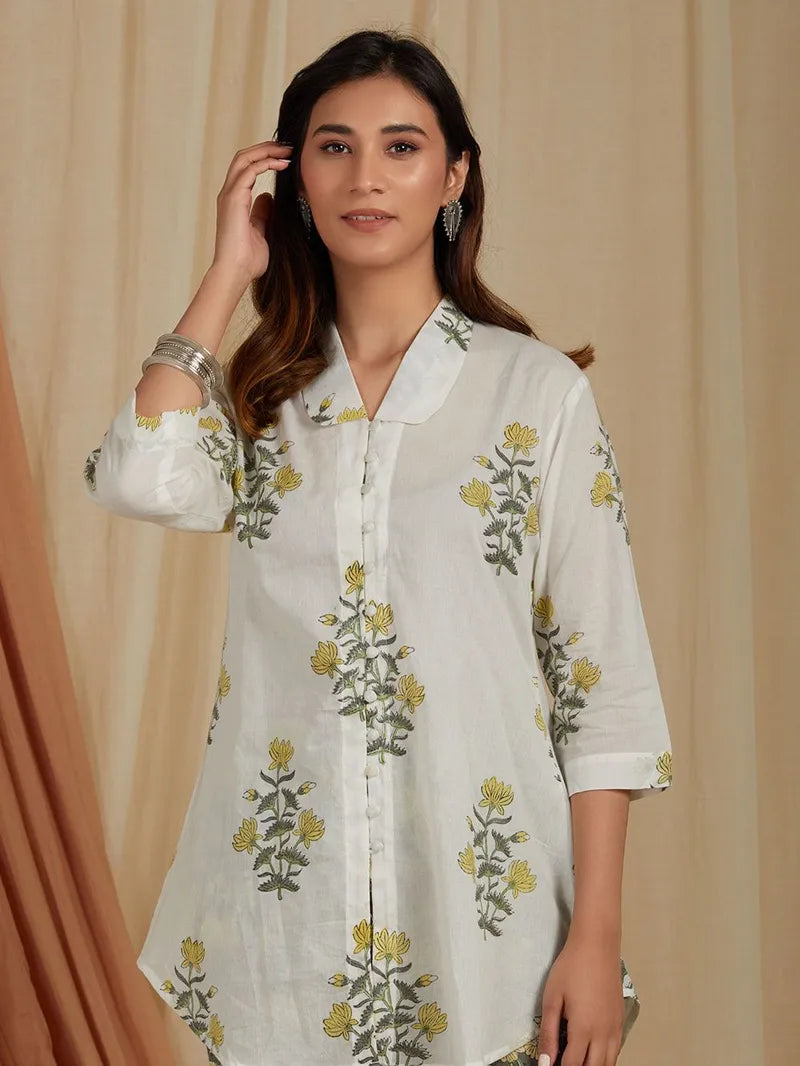 front view of co-ord with floral yellow motifs