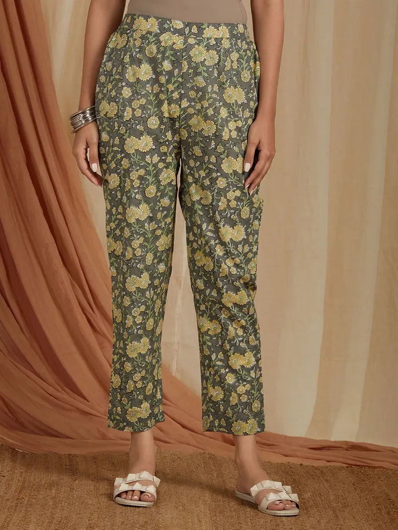 close-up of yellow block print on cotton pant
