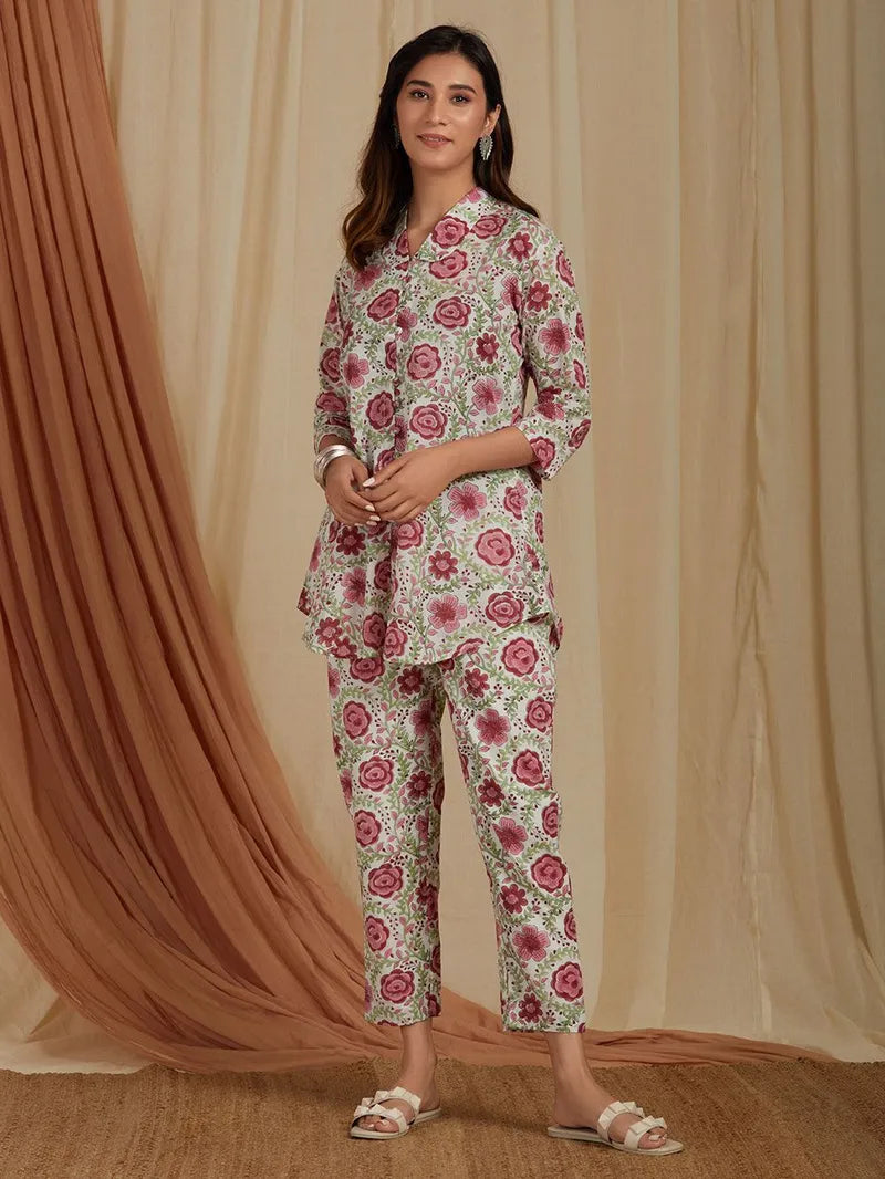 off-white red hand block printed cotton co-ord set

