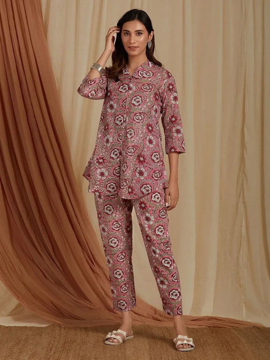pink cotton co-ord set for women front view