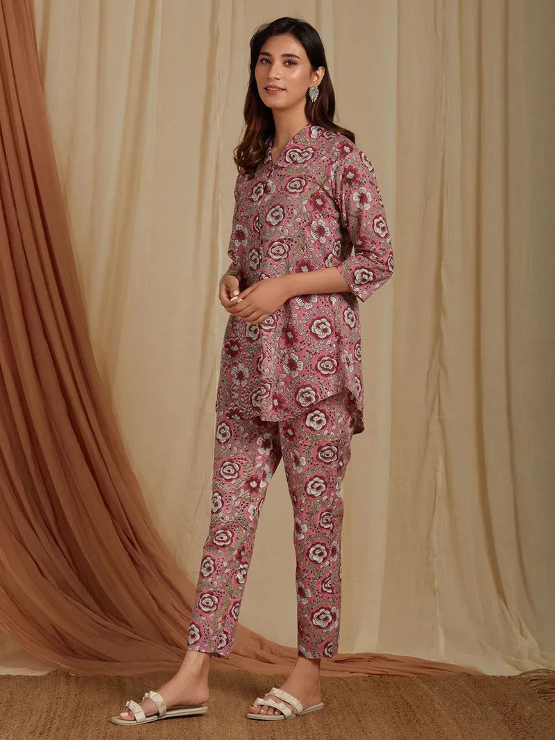 block printed pink co-ord top and pants side look