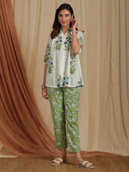 green hand block printed cotton co-ord set