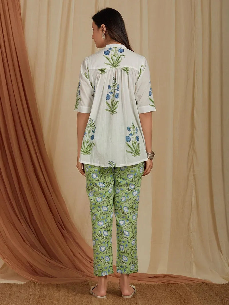 model wearing breathable green cotton co-ord