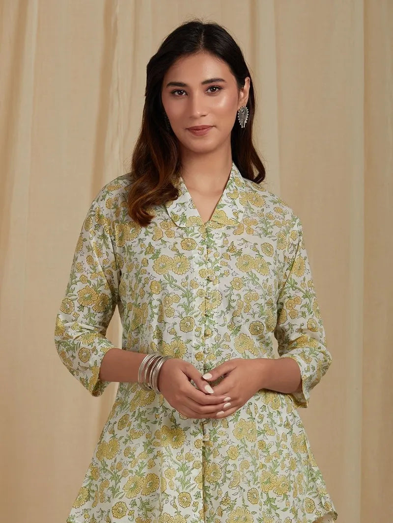 model in floral block printed cotton top