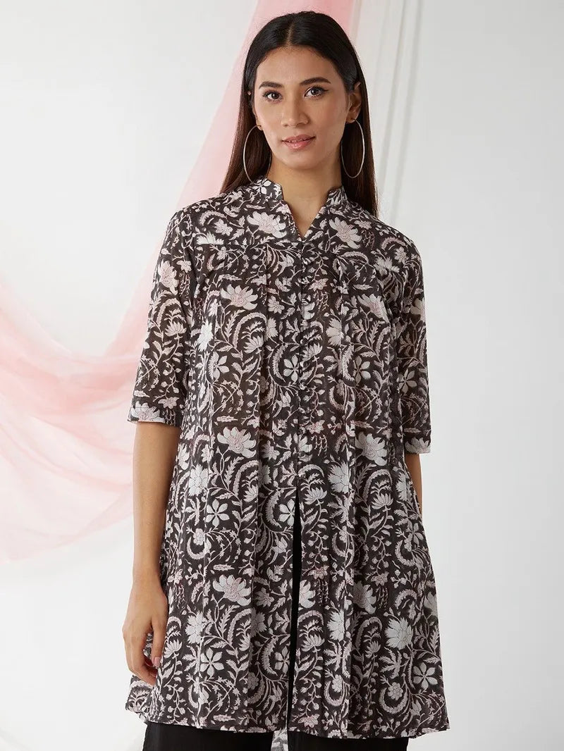 front view of black block print cotton co-ord set