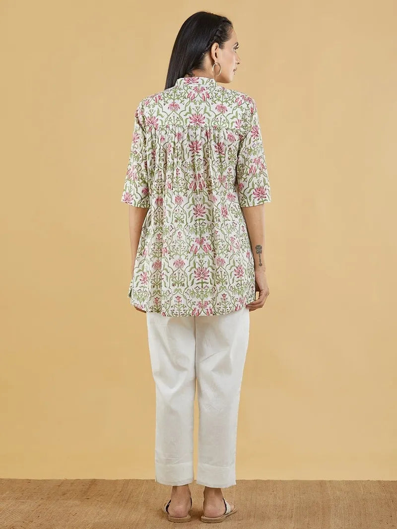 green pink block printed cotton mulmul top with pants