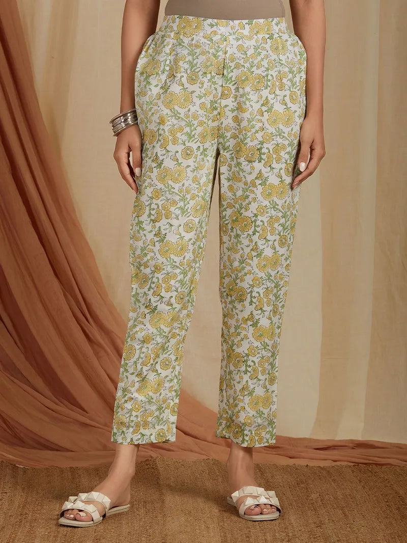 off-white yellow hand block printed cotton pant